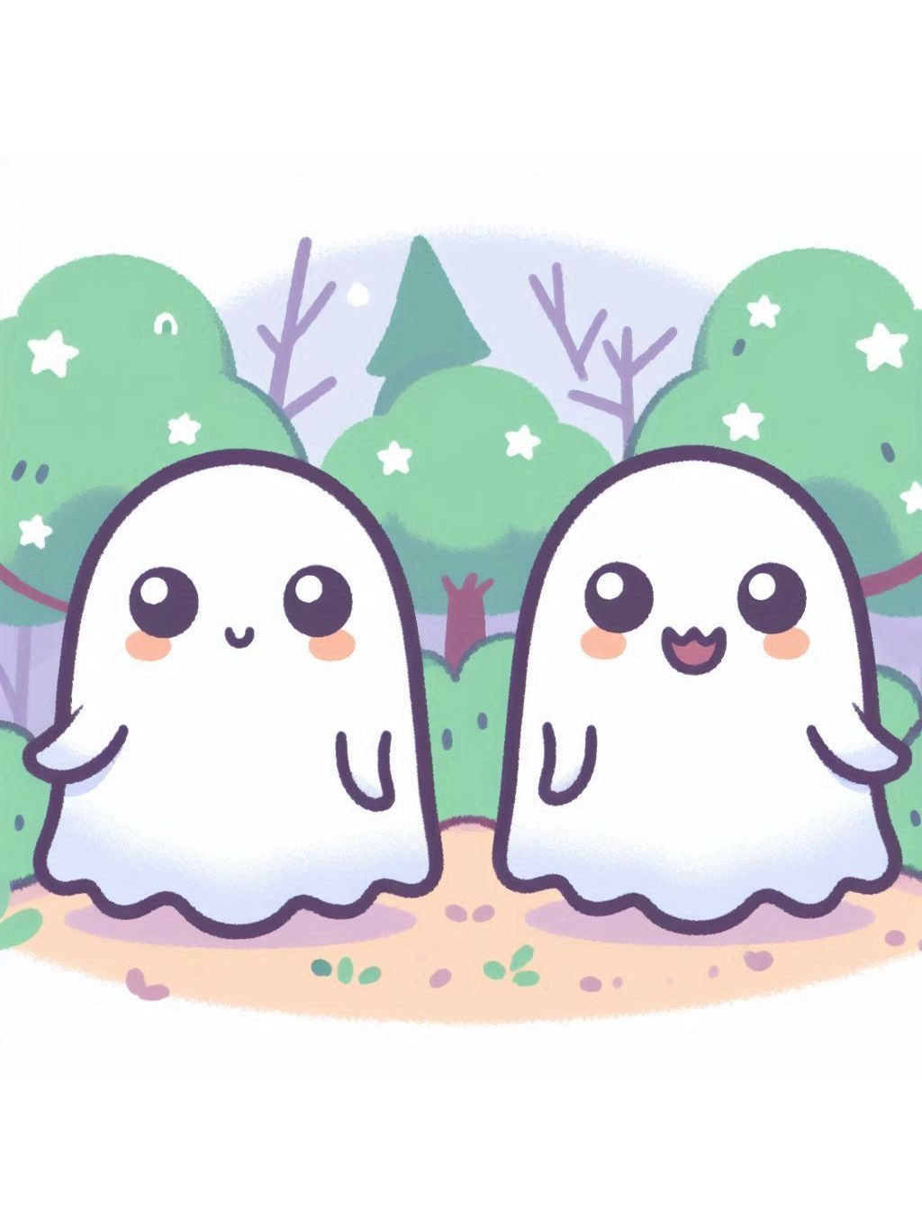 cute halloween drawings for kids 2, featuring two adorable ghost characters amidst a whimsical forest setting, perfect for inspiring cute and spooky creativity in young artists.
